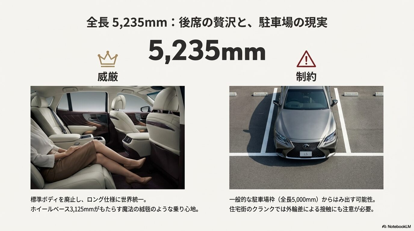 レクサスLSの後席の広さと駐車場枠からはみ出す車両の俯瞰画像