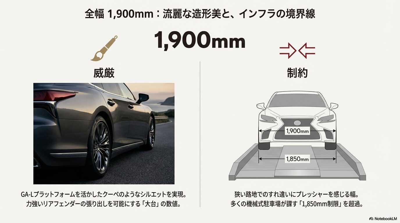 レクサスLSの車幅1,900mmと機械式駐車場の1,850mm制限を比較した図解