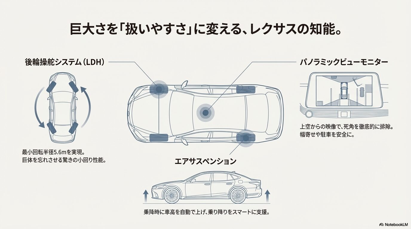 LDH後輪操舵システムのイメージ図とパノラミックビューモニター、エアサスペンションの図解