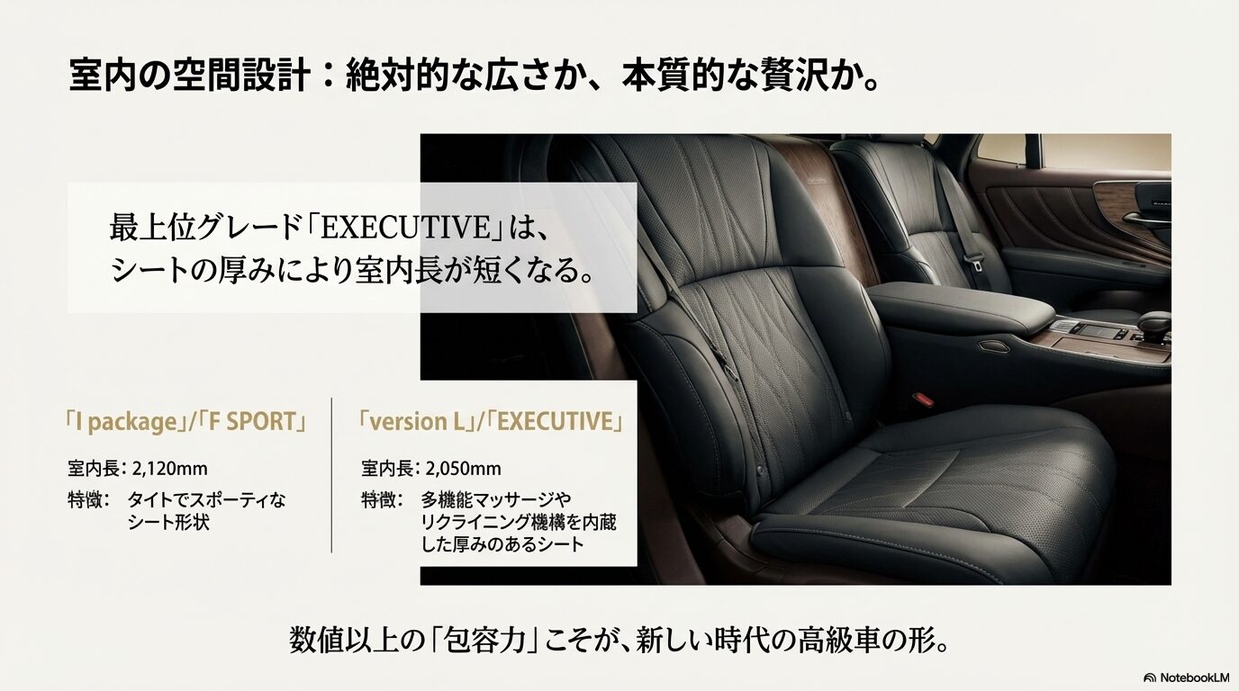 レクサスLS EXECUTIVEの厚みのあるシート画像と各グレードの室内長数値の比較
