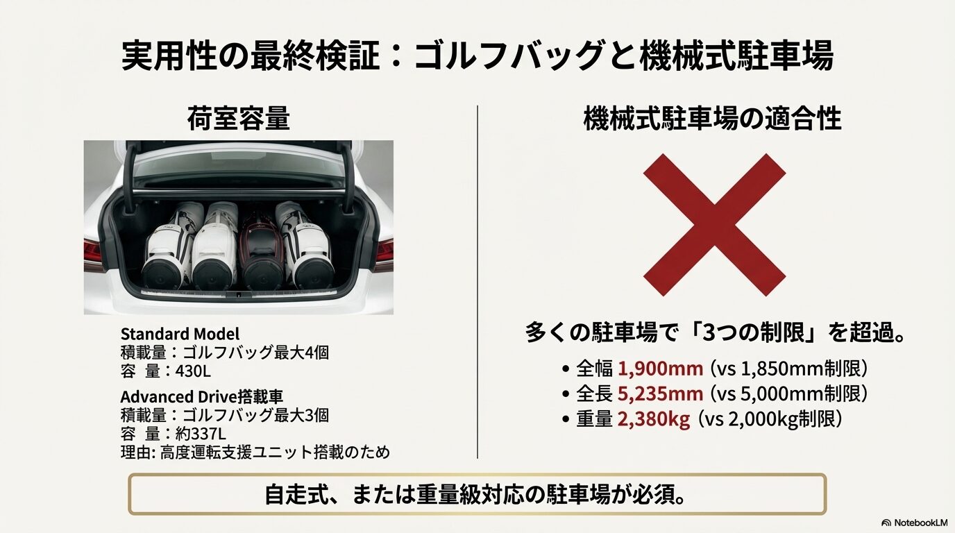 トランクに4個のゴルフバッグを積載した画像と機械式駐車場の3つの制限超過を示すバツ印