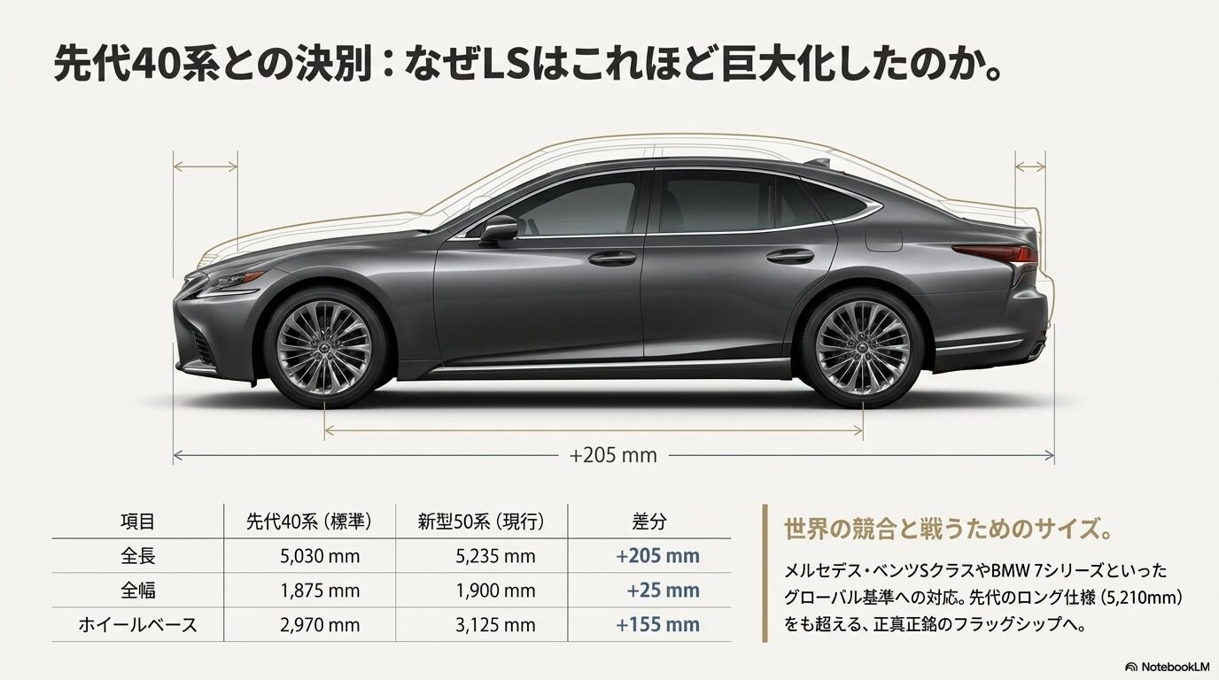 先代LSと新型LSのサイドシルエット比較と全長・全幅・ホイールベースの差分表