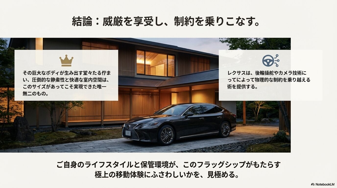 日本家屋の前に佇むレクサスLSと、技術で制約を乗り越え極上の移動体験を提案するまとめ画像