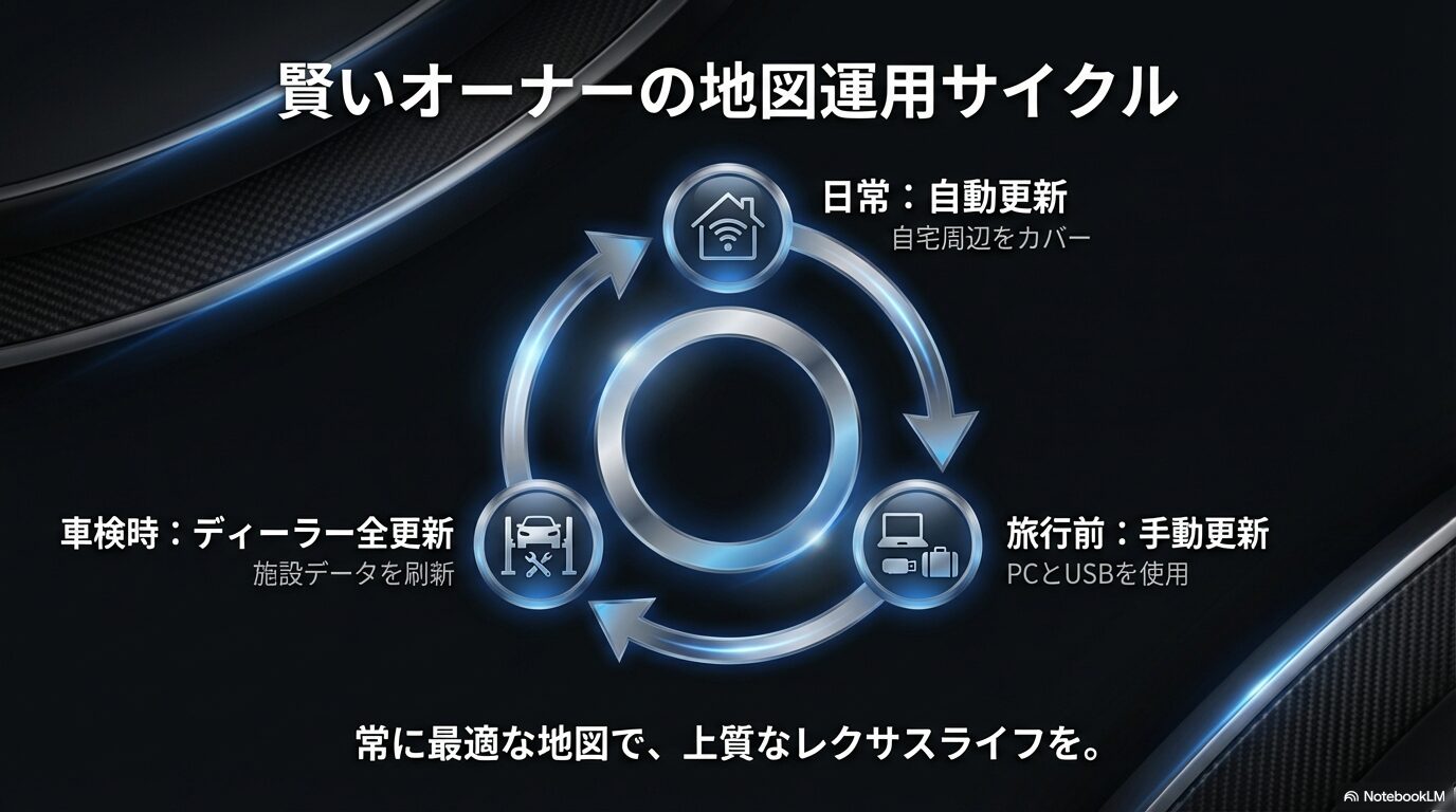 賢いレクサスオーナーの地図運用サイクルまとめ:日常の自動更新から車検時の全更新まで