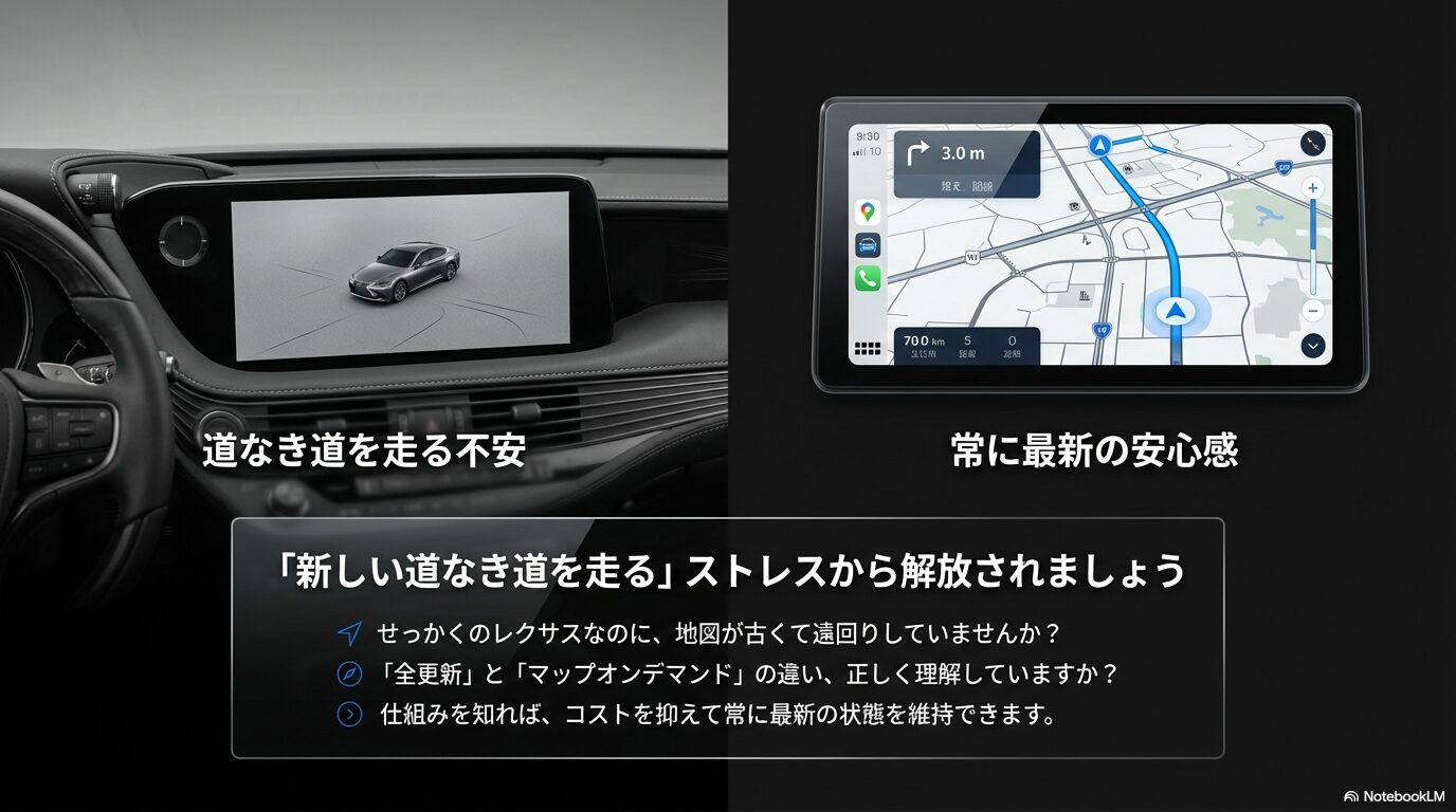 レクサスのナビ地図更新が必要な理由:道なき道を走る不安を解消し常に最新の安心感を得る