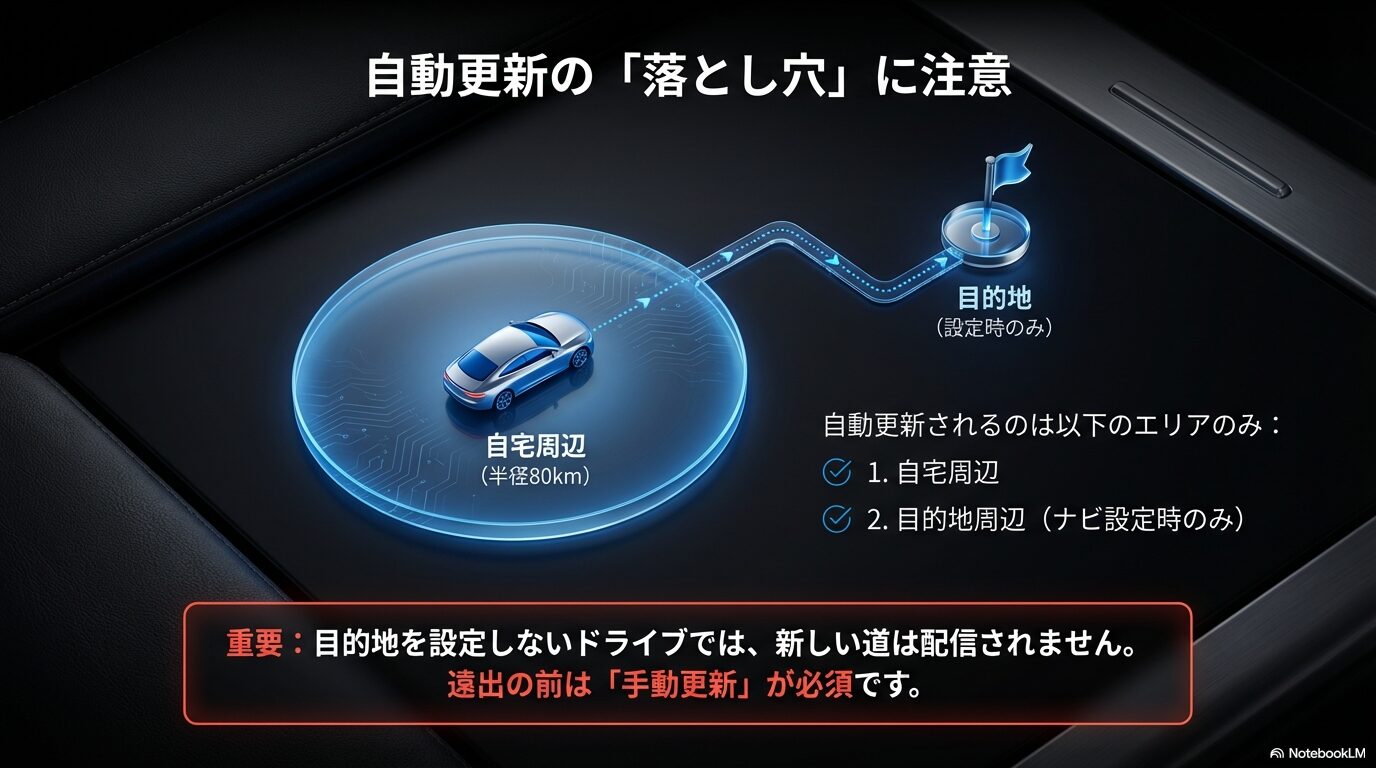 レクサス地図自動更新の落とし穴:自宅周辺と目的地周辺のみ更新される仕組み