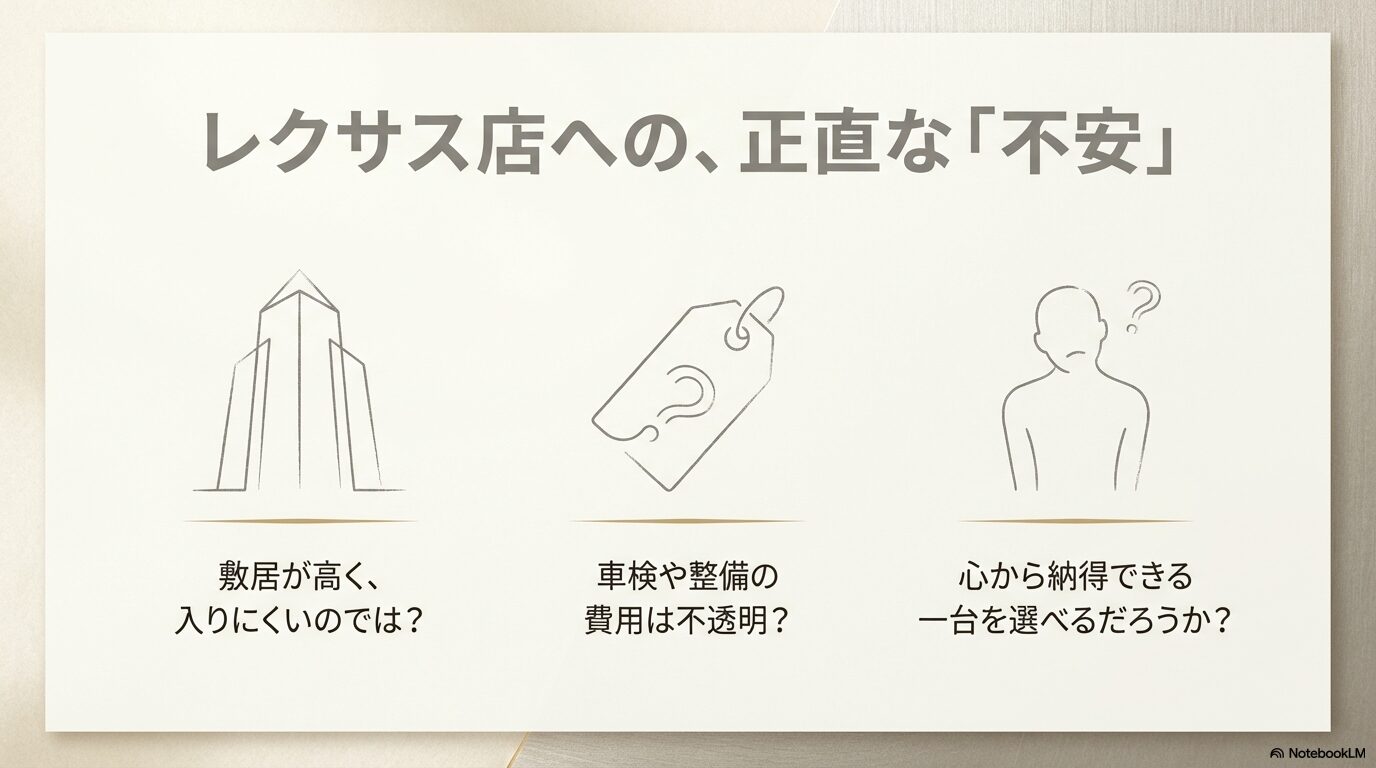 レクサス店への入りにくさや、費用、納得感に対する不安を示すイラスト。