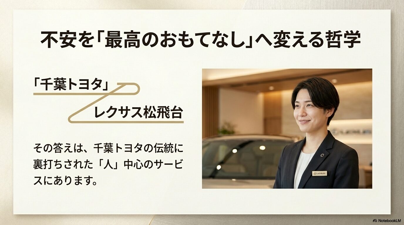 レクサス松飛台のスタッフの笑顔と、千葉トヨタの伝統に裏打ちされたサービス哲学の紹介。