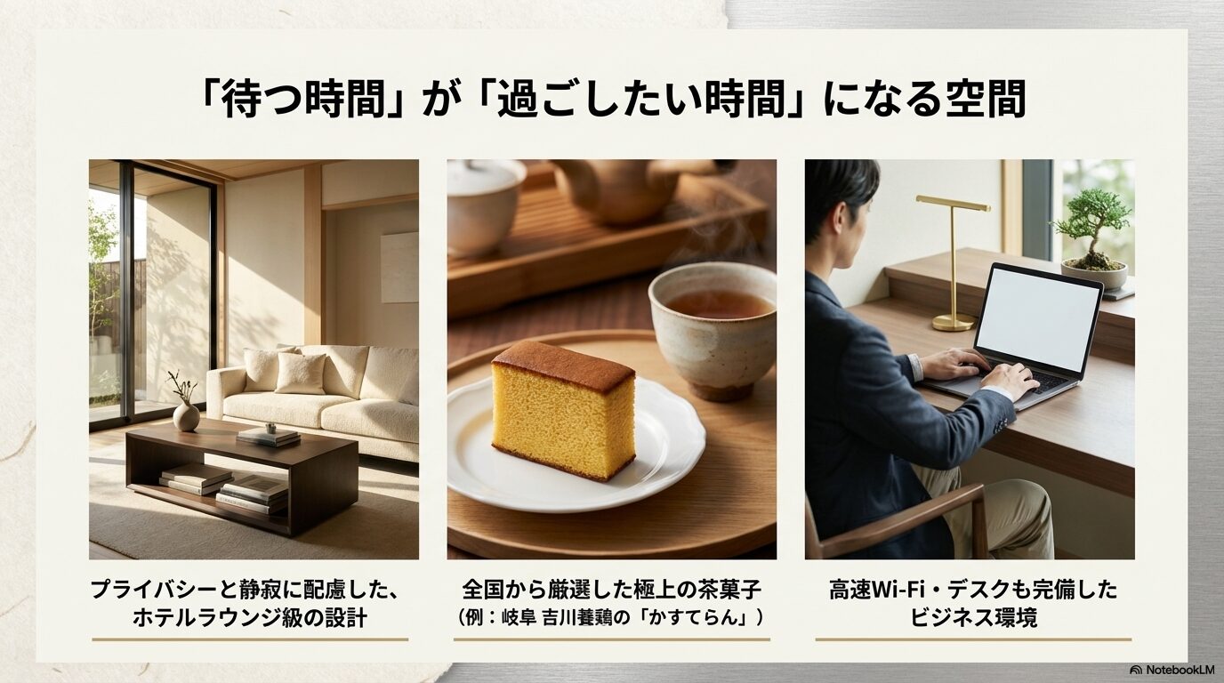 静かなラウンジ、岐阜吉川養鶏の「かすてらん」、ビジネスデスク環境の紹介。