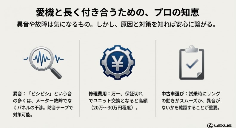メーターから発生する異音の原因、ユニット交換にかかる修理費用の目安、中古車選びのチェックポイントをまとめたガイド。