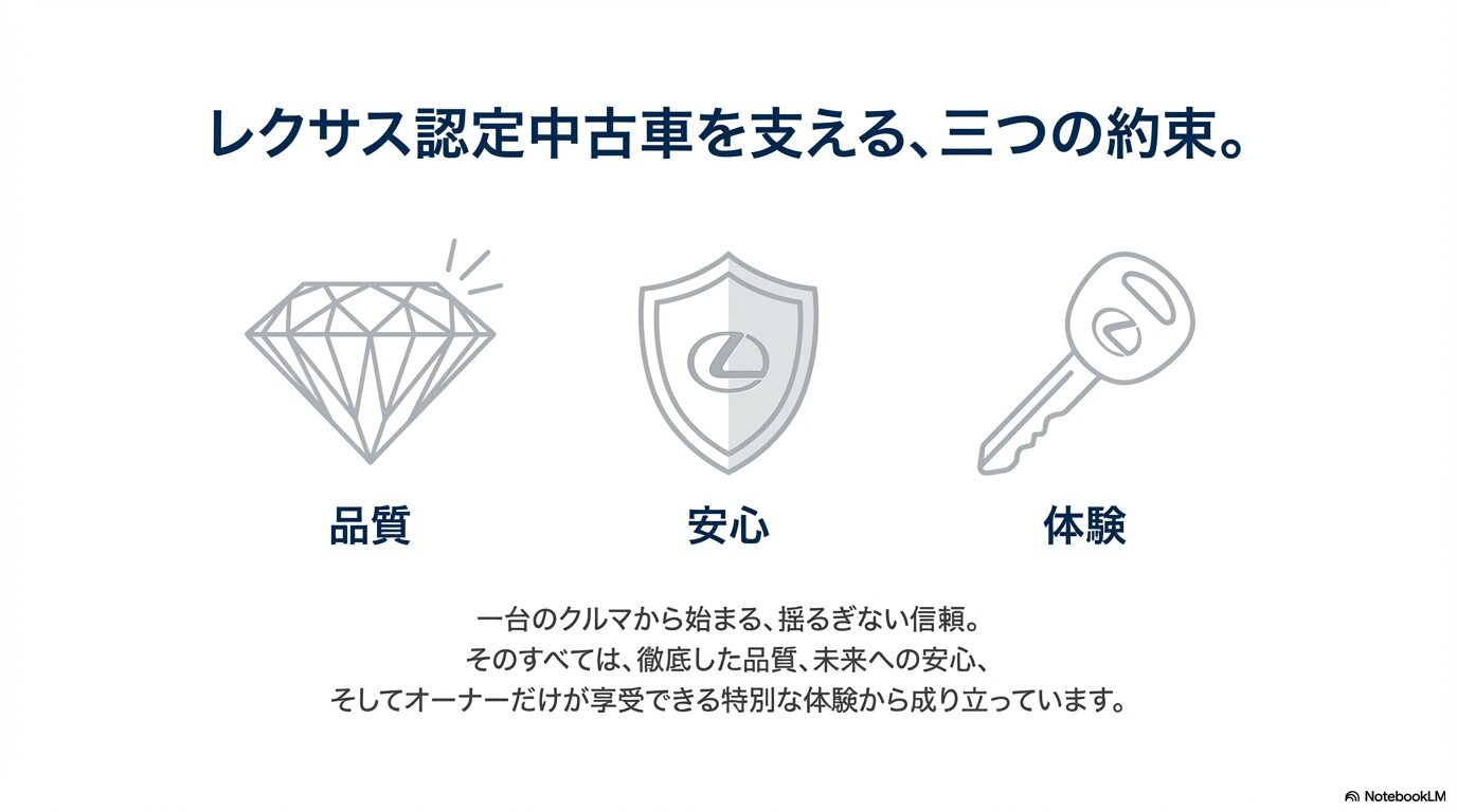 品質・安心・体験の3つの柱で構成されるレクサス認定中古車の信頼性を説明する図解