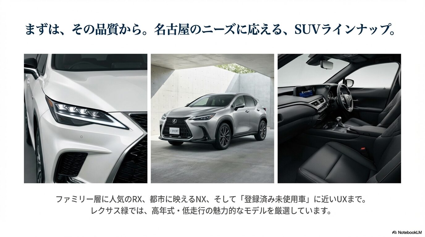ファミリーに人気のRX、都市向けのNX、未使用車に近いUXなどレクサス緑のSUVラインナップ