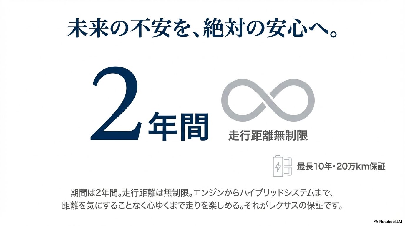 2年間の走行距離無制限保証と、ハイブリッドシステム最長10年・20万km保証の解説