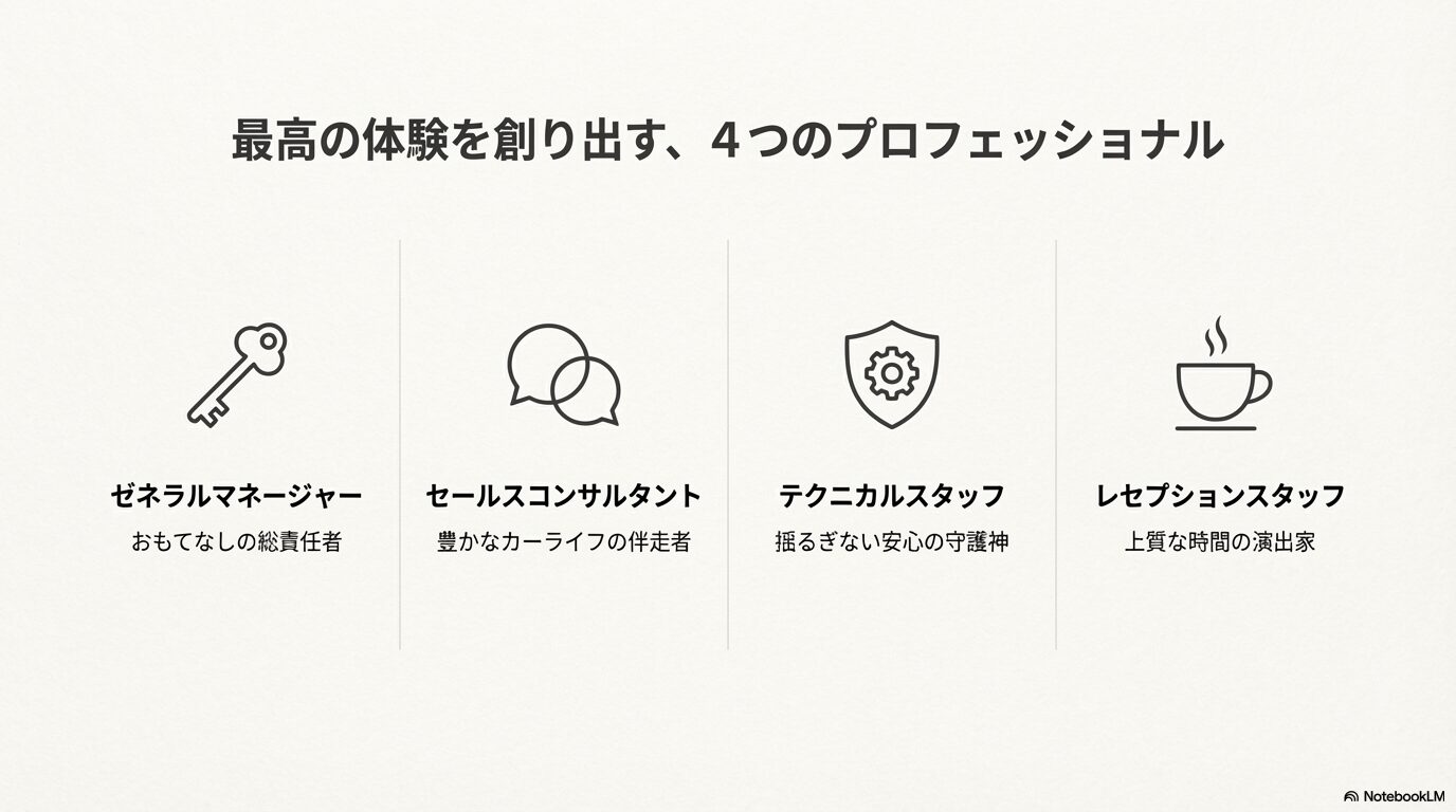 ゼネラルマネージャー、セールスコンサルタント、テクニカルスタッフ、レセプションスタッフの4つの役割を紹介するスライド。