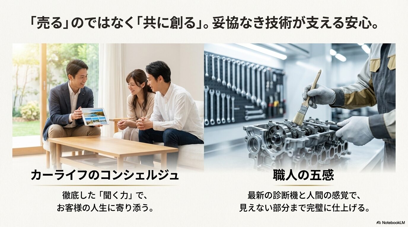 セールスコンサルタントがお客様に寄り添い、共にカーライフを創り上げる様子を描いたスライド。