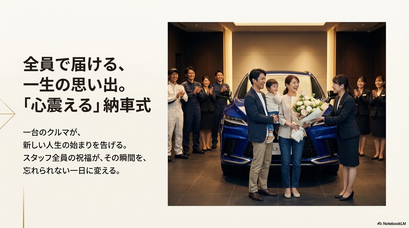 スタッフ全員でお客様の新しい人生の始まりを祝福する、感動的な納車式の様子。
