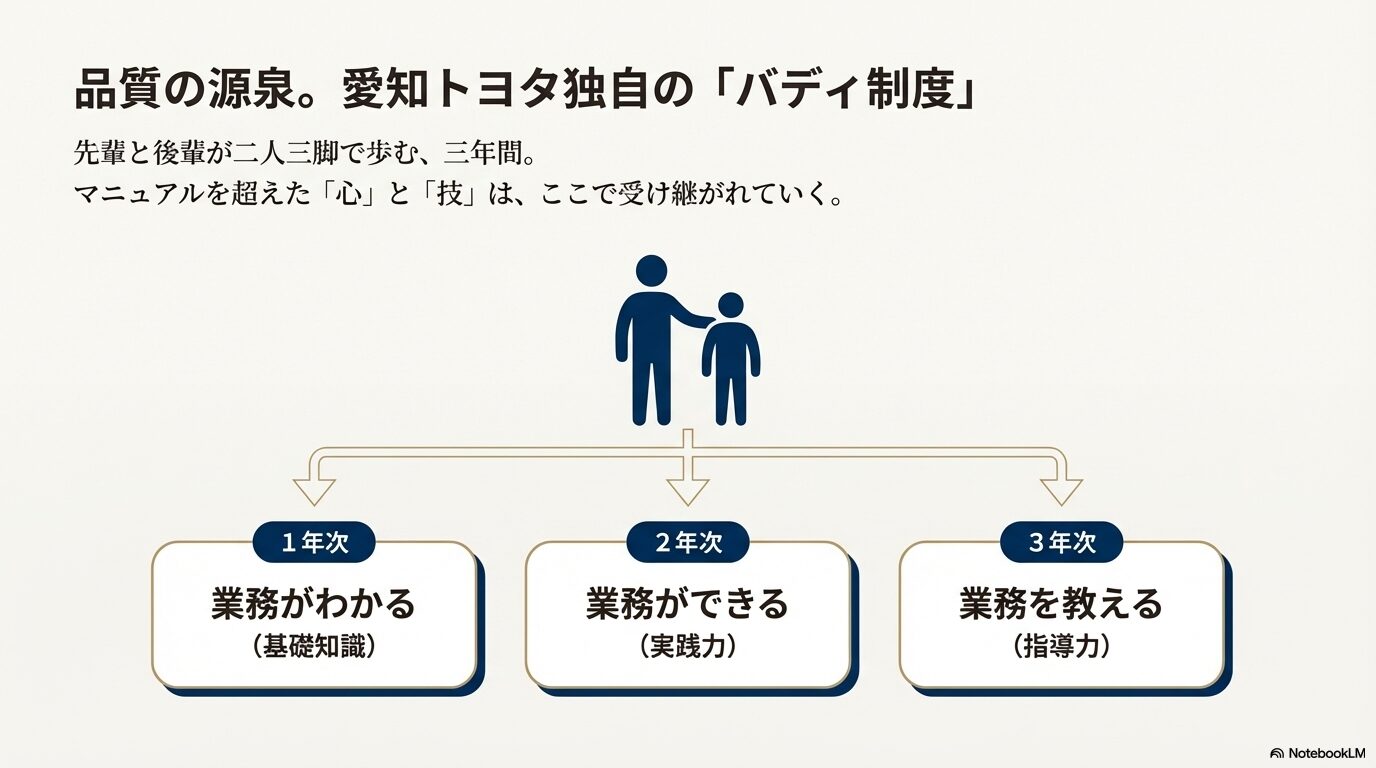 先輩と後輩が二人三脚で歩む3年間のステップ（業務がわかる・できる・教える）を図解したスライド。