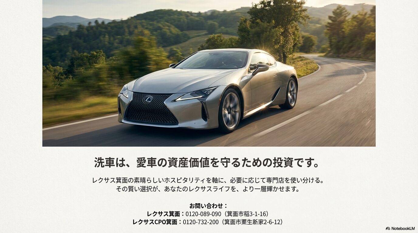 走行するレクサスと共に、洗車が愛車の価値を守る投資であることを伝えるまとめスライド