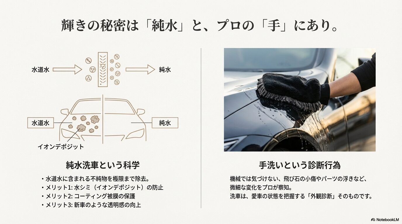 水道水によるイオンデポジットと純水による透明感の違いを比較した図解スライド
