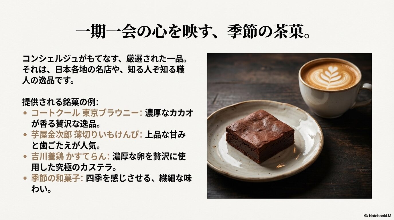 東京ブラウニーやいもけんぴ、かすてらんなどレクサスが厳選した季節の茶菓紹介スライド