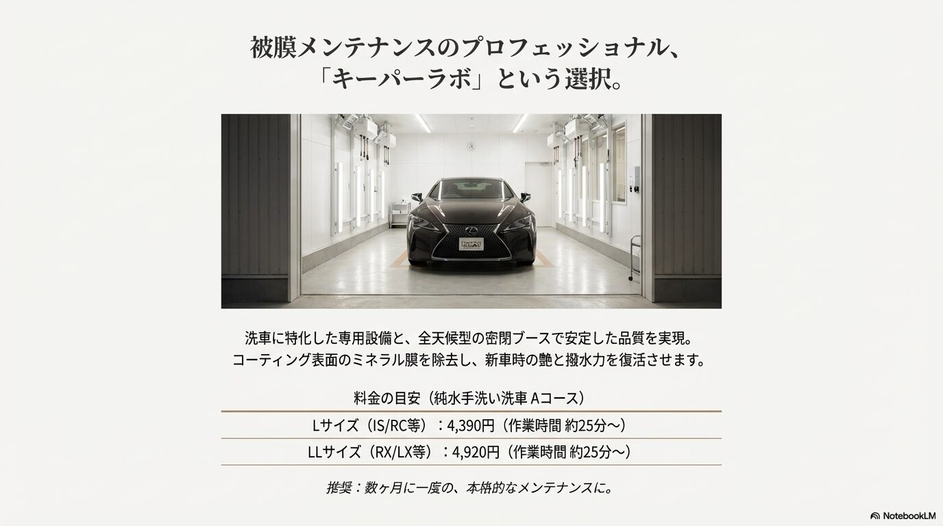 キーパーラボ箕面店の密閉ブース設備とサイズ別純水手洗い洗車料金表