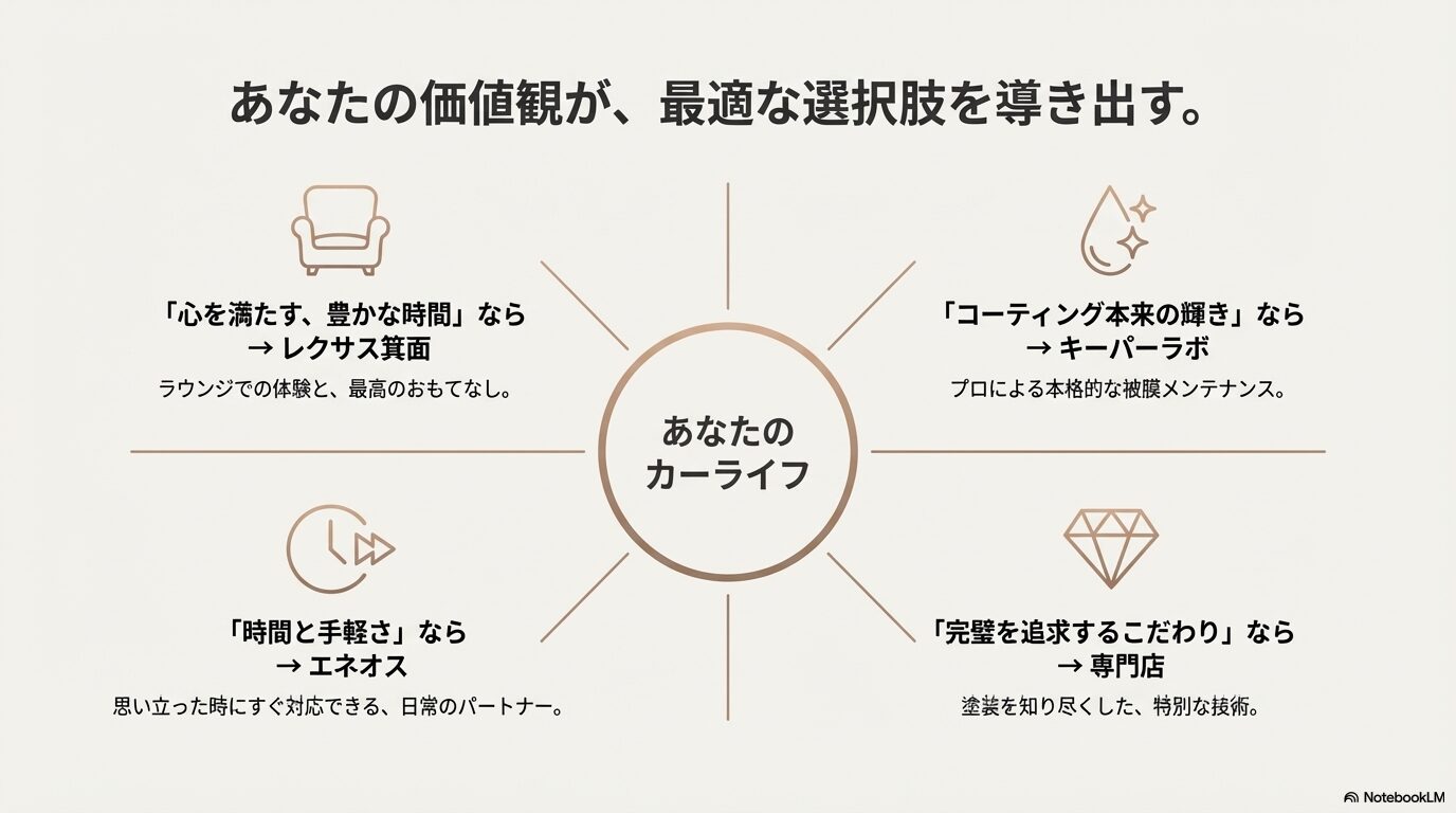 おもてなし、輝き、手軽さなどオーナーの価値観に基づいた最適な洗車先の提案チャート