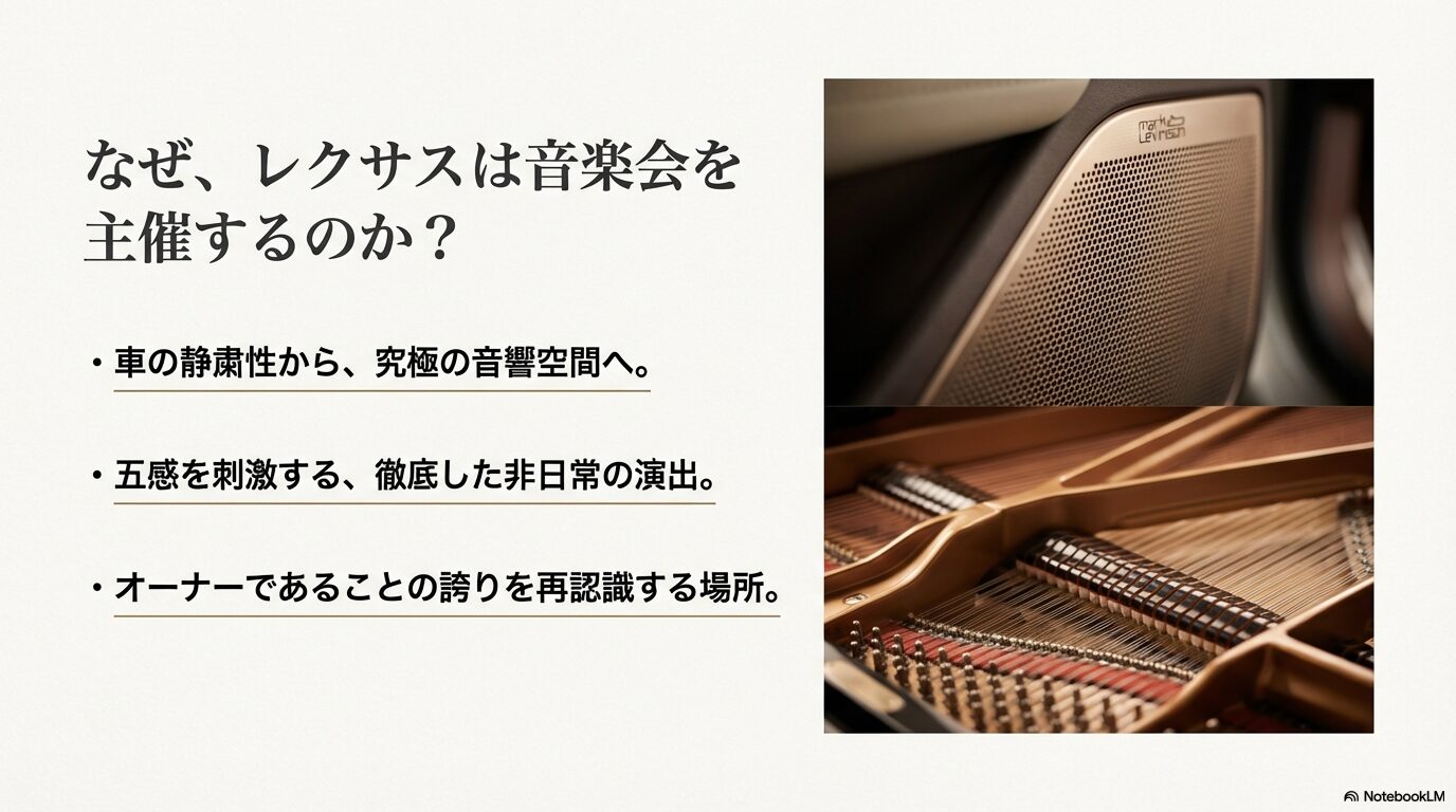 レクサスが音楽会を主催する3つの理由（究極の音響空間、非日常の演出、オーナーの誇り）を解説するスライド。