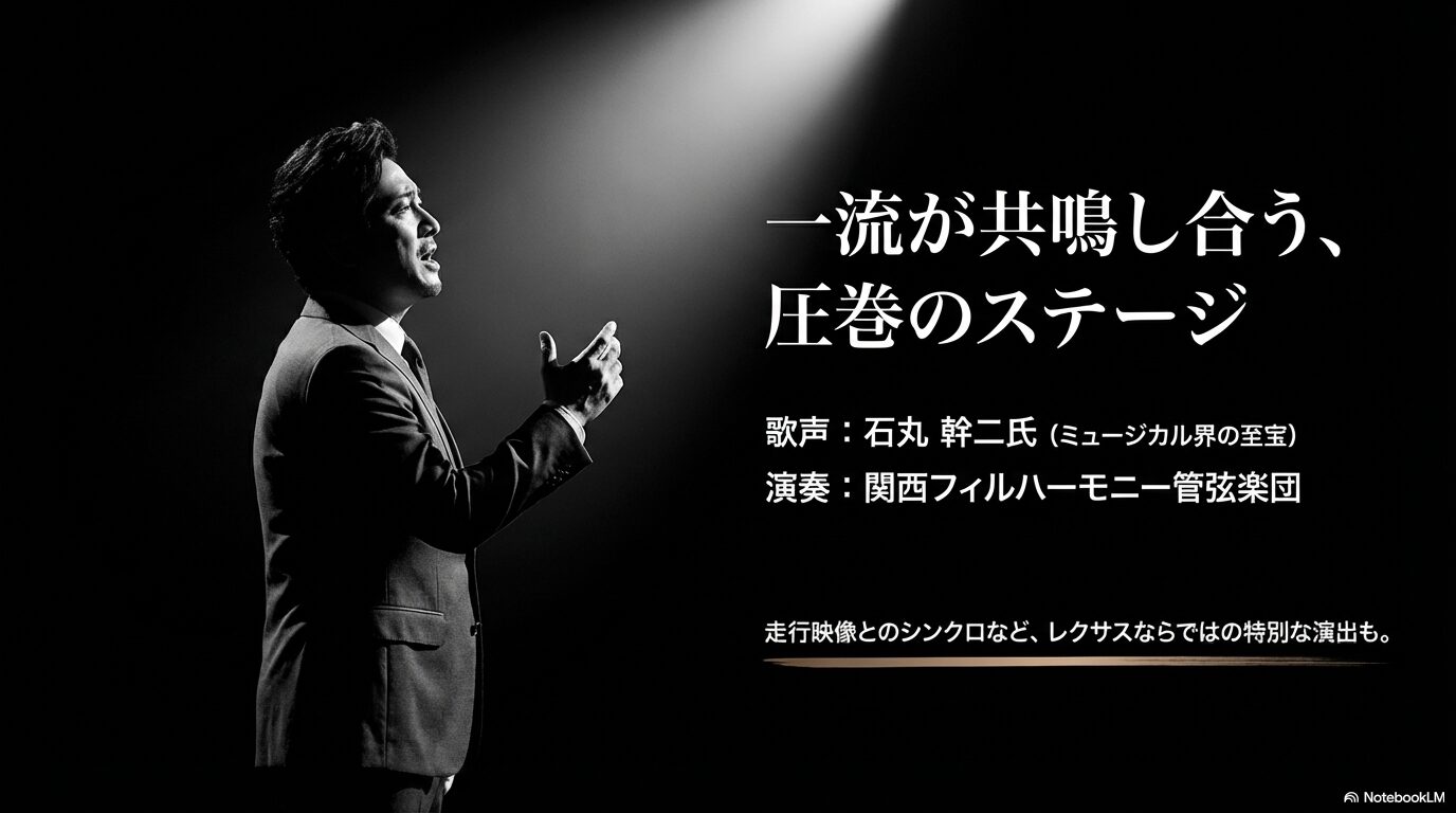 出演者の石丸幹二氏、関西フィルハーモニー管弦楽団の紹介と、走行映像とのシンクロ演出について記載されたスライド。