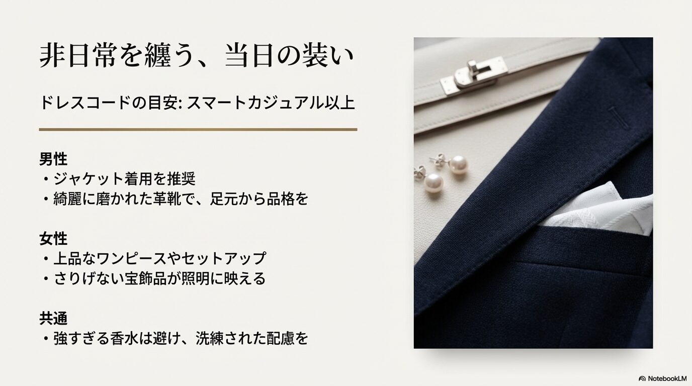 スマートカジュアル以上のドレスコードについて、男女別のポイントと香りのマナーを解説するスライド。