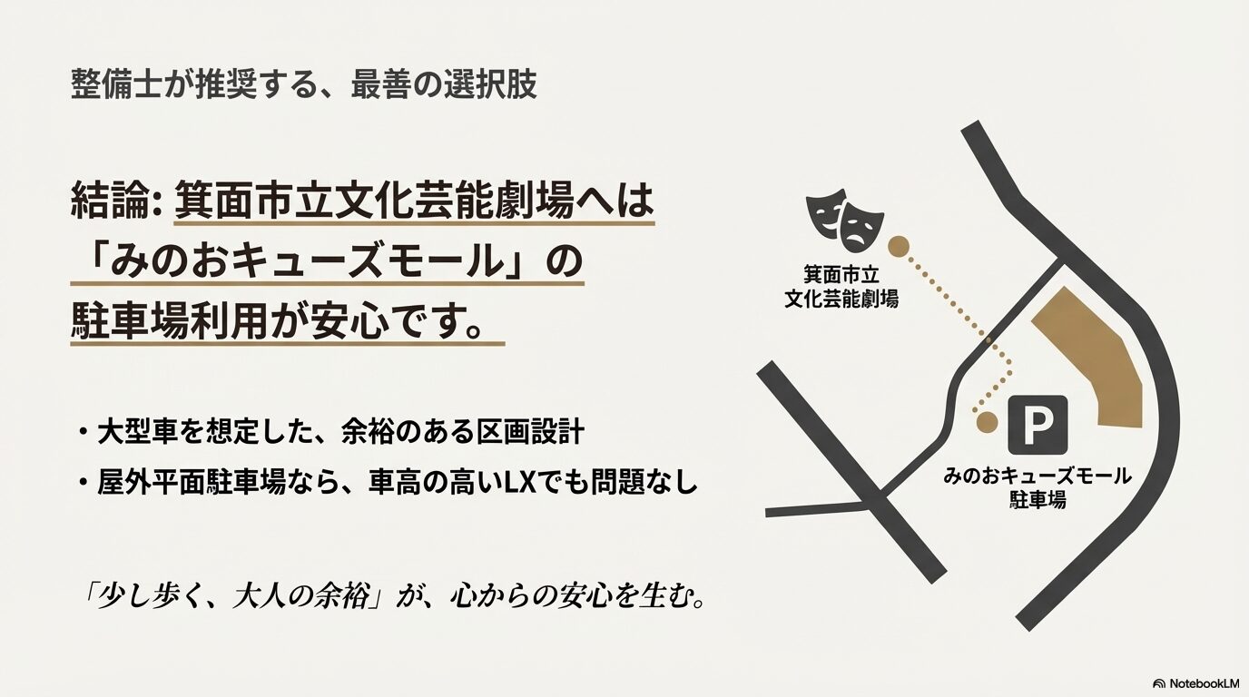 箕面市立文化芸能劇場への来場時に、大型車でも安心な「みのおキューズモール」の駐車場利用を推奨する案内スライド。