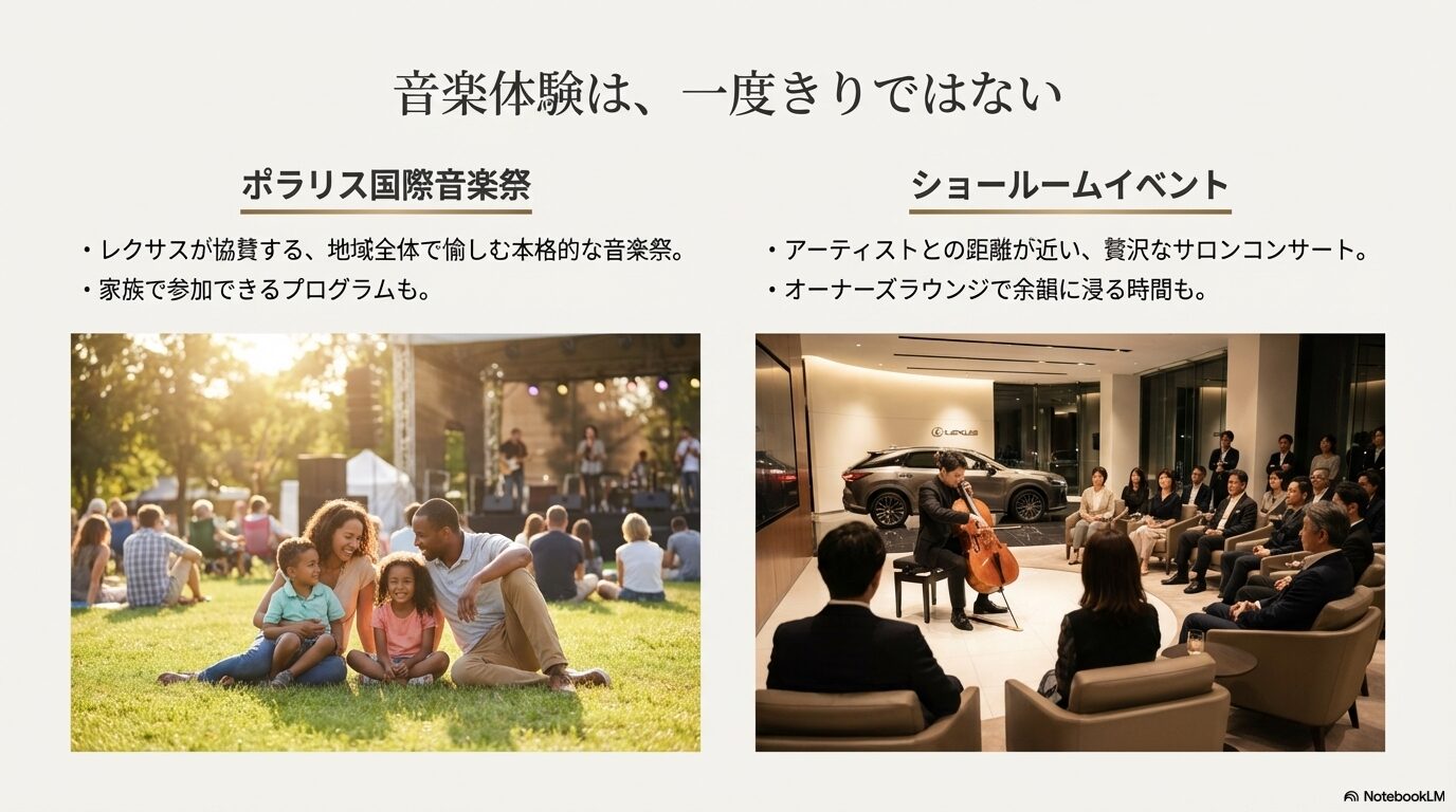 地域全体で楽しむポラリス国際音楽祭と、店舗で開催される贅沢なサロンコンサートを紹介するスライド。