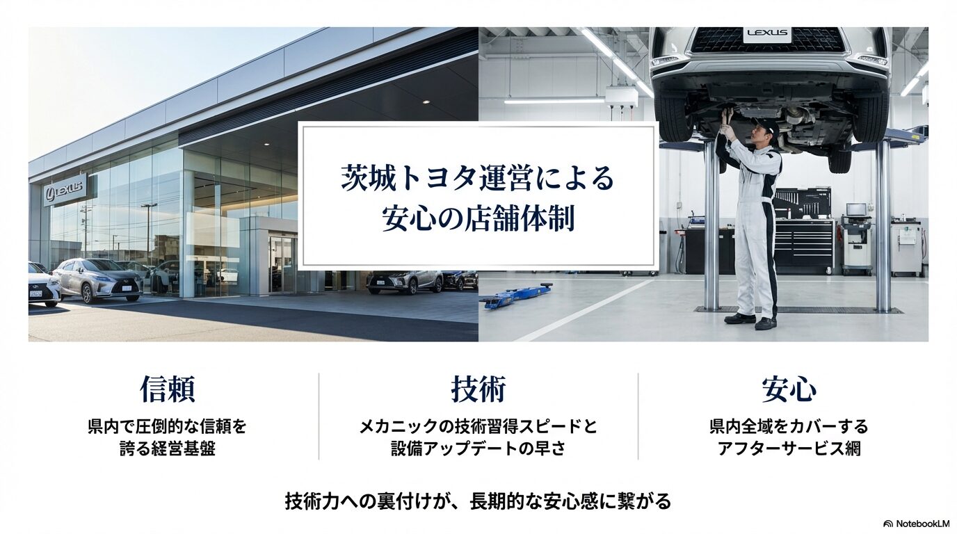 茨城トヨタの強固な経営基盤、技術習得スピード、県内アフターサービス網をまとめたスライド 。