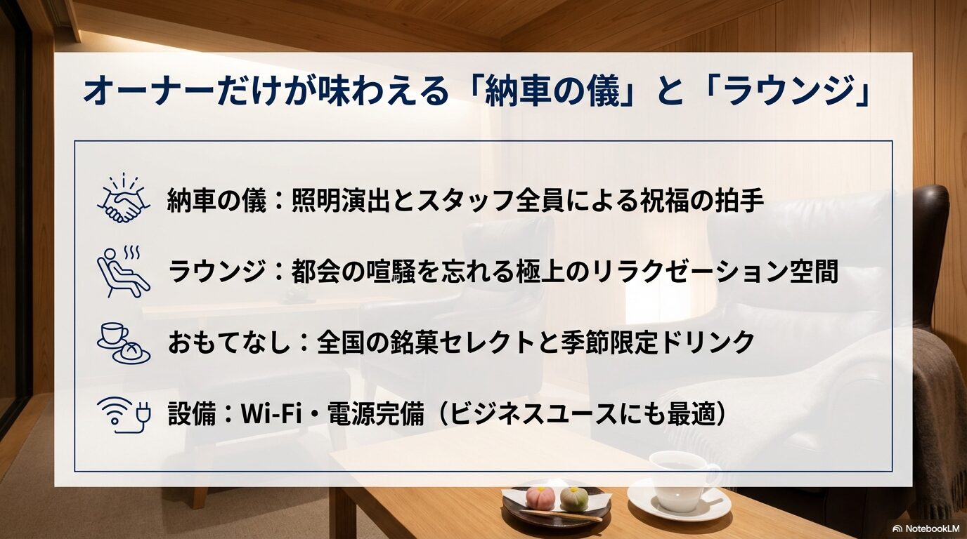 照明演出による納車式と、Wi-Fi完備でビジネスにも適した極上ラウンジの設備紹介スライド 。