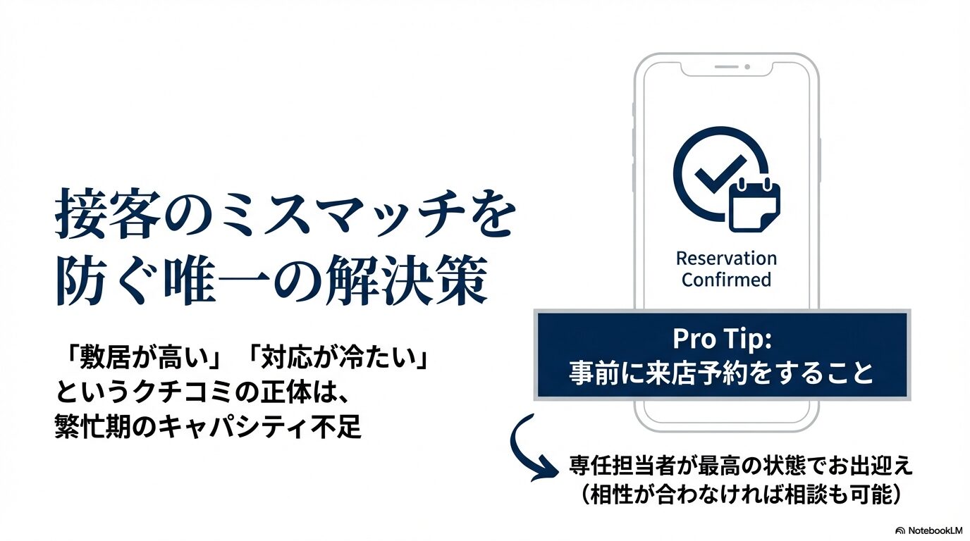 クチコミでの不満を解消するために、事前予約で専任担当者の対応を受けるメリットを解説したスライド 。