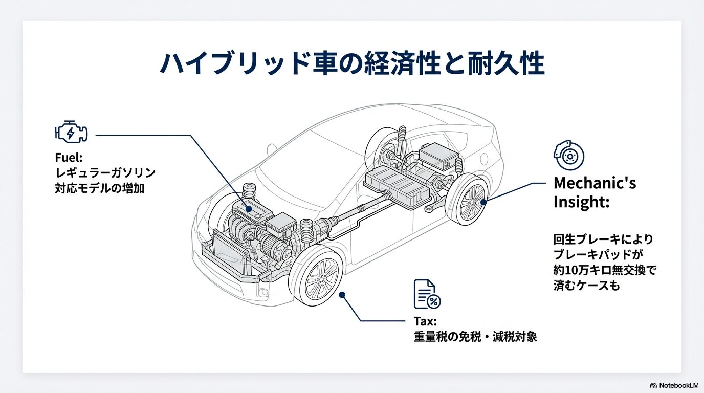 重量税減税のメリットや、回生ブレーキによりブレーキパッドが約10万キロ無交換で済むメカニックの知見スライド 。