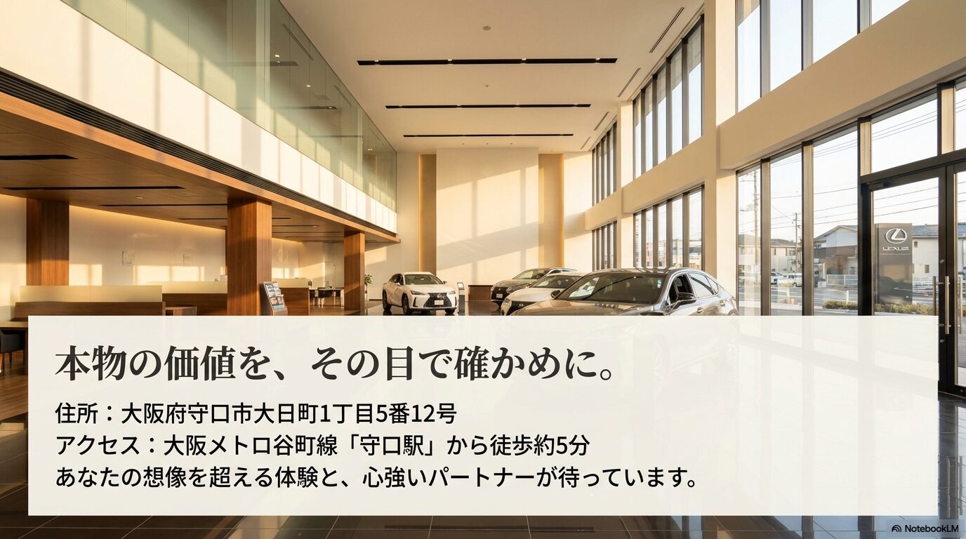 レクサス守口の住所と、大阪メトロ守口駅から徒歩5分というアクセス情報。想像を超える体験への招待メッセージ。