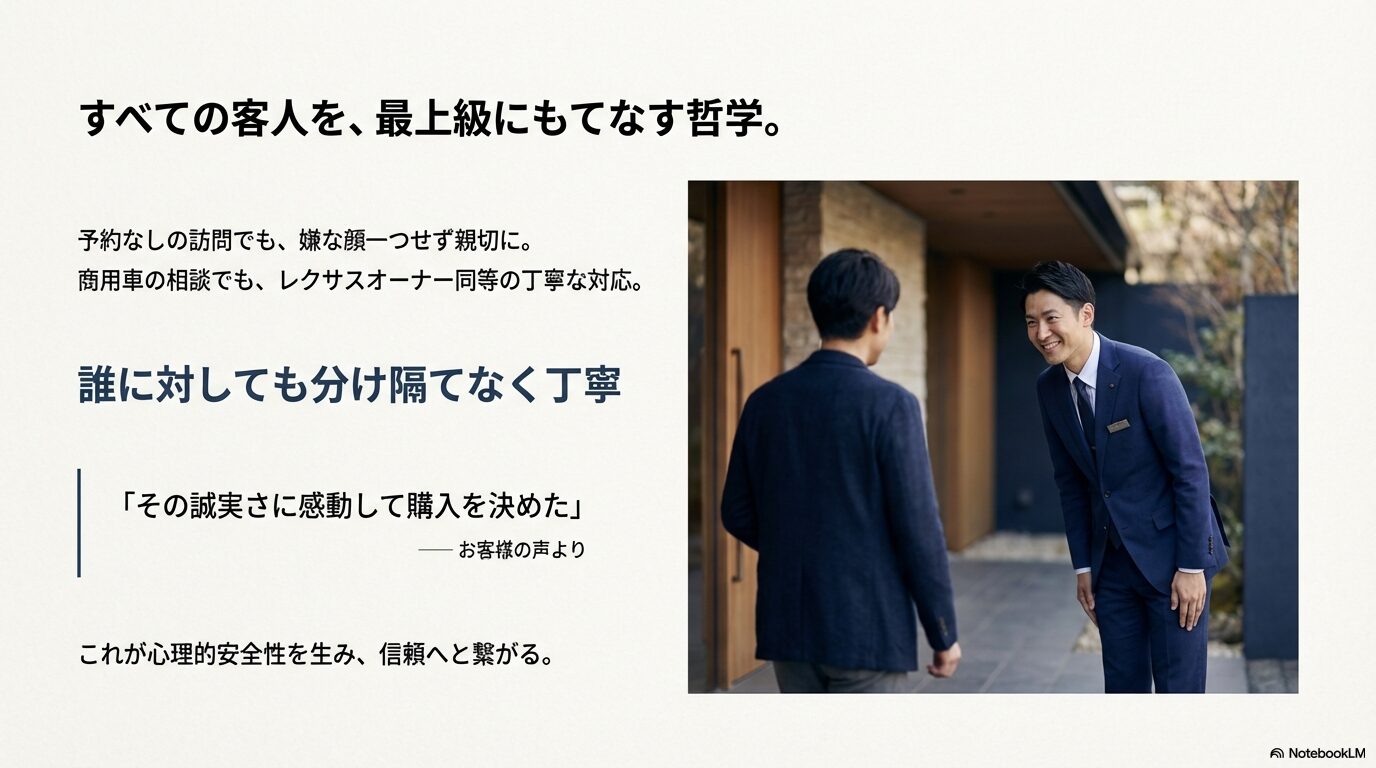 スタッフが笑顔でお辞儀をする写真。予約なしの訪問や商用車の相談にも丁寧に対応し、心理的安全性を生む哲学を紹介。