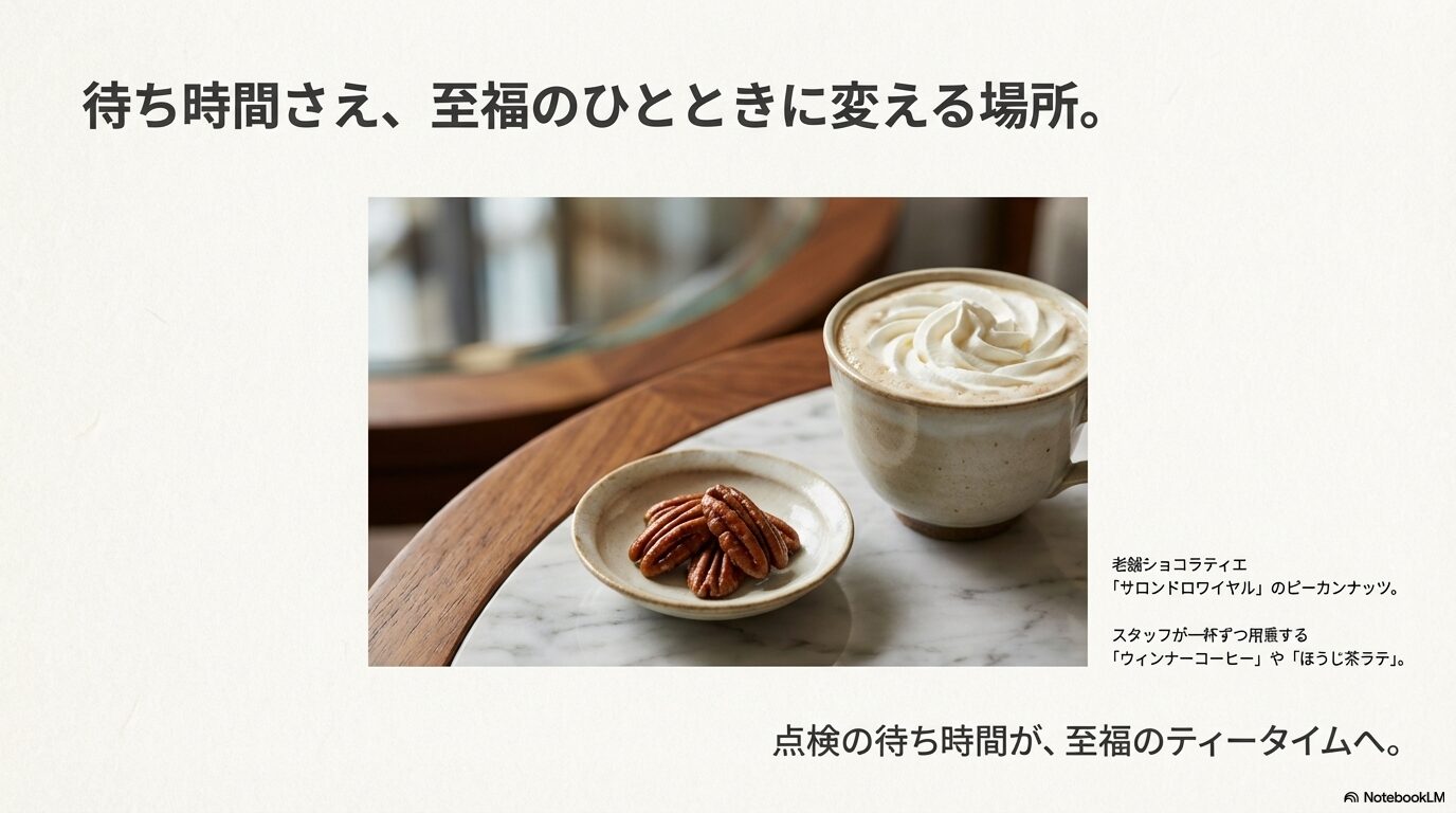 ラウンジで提供される「サロンドロワイヤル」のピーカンナッツと、スタッフが用意するウィンナーコーヒーのイメージ。