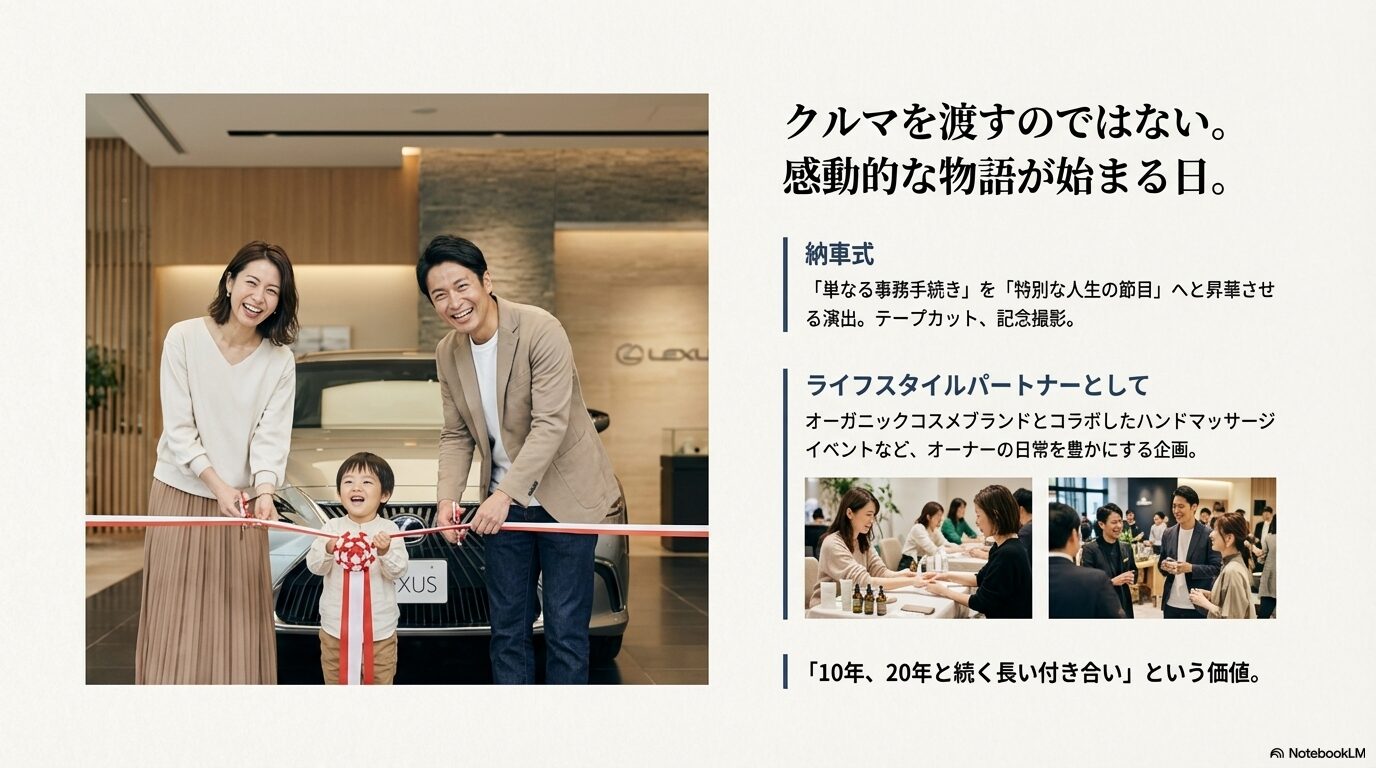 納車式でテープカットをする家族の笑顔。単なる事務手続きを特別な節目に昇華させる演出やオーナー限定イベントの紹介。