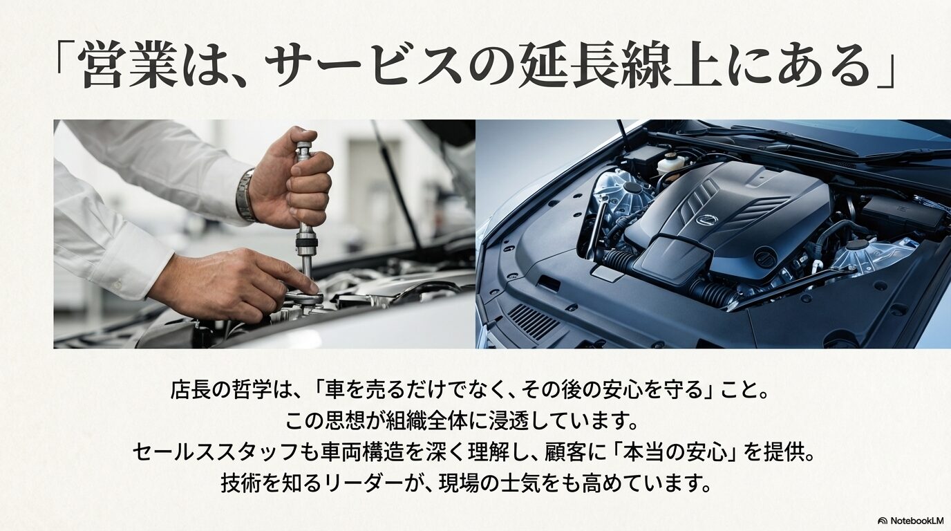 車両整備の様子とエンジンの写真。「営業はサービスの延長線上にある」という店長の哲学が組織全体に浸透している様子。