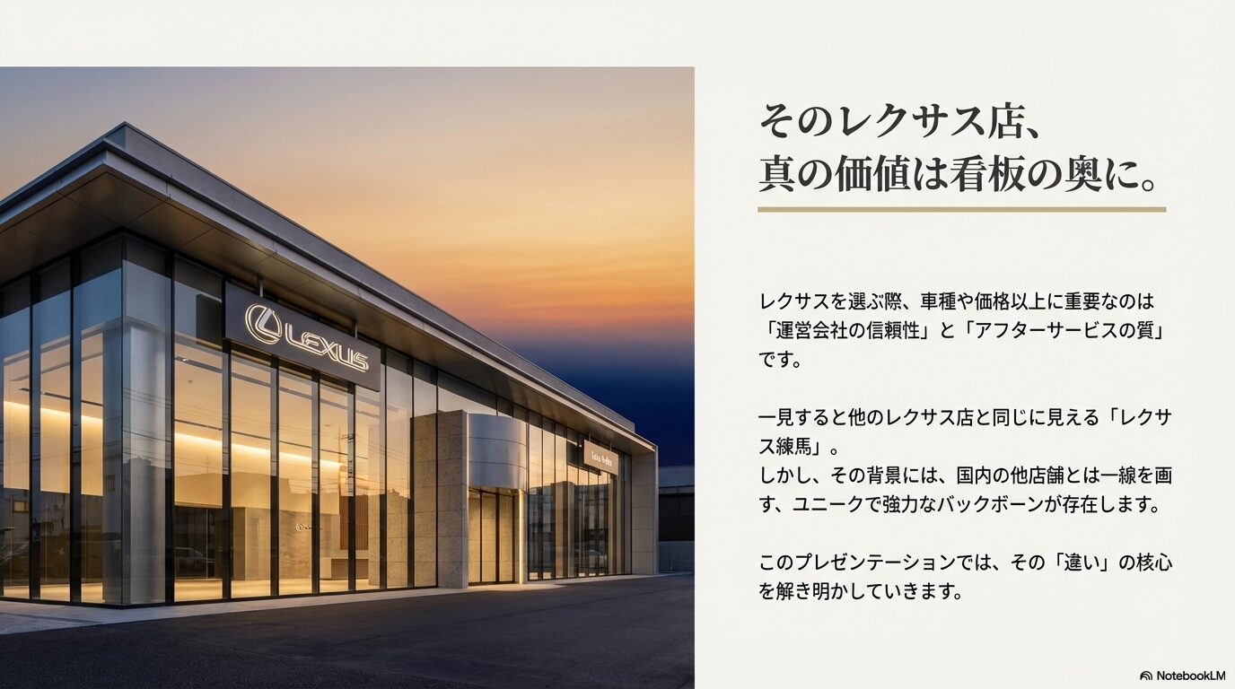 レクサス練馬の店舗外観と運営会社の信頼性を示すイメージ
