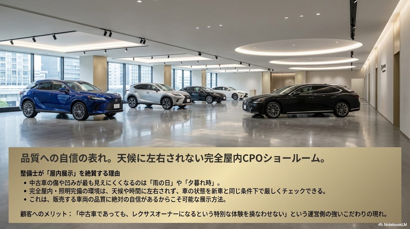 天候に左右されず車両確認ができる完全屋内型の認定中古車展示場