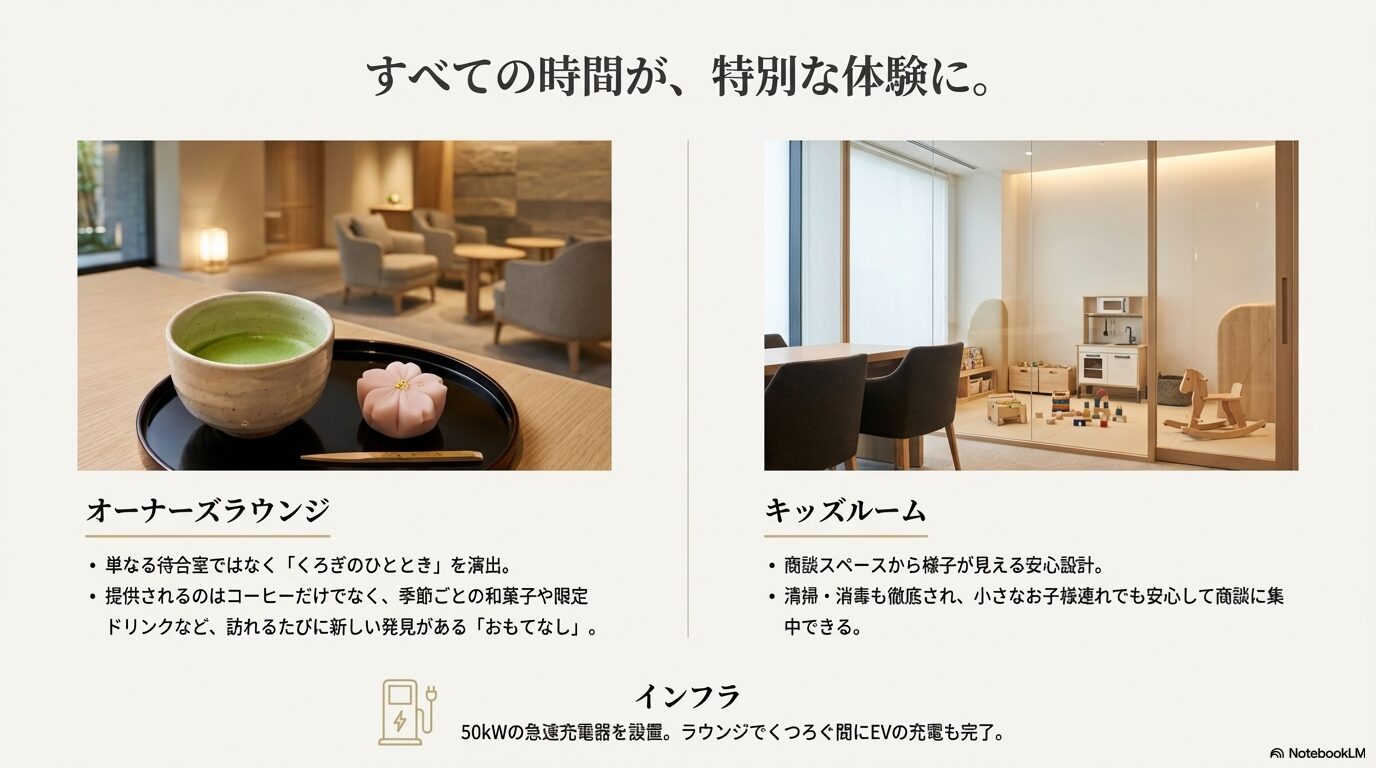 こだわりの和菓子を提供するオーナーズラウンジと充実したキッズルーム設備