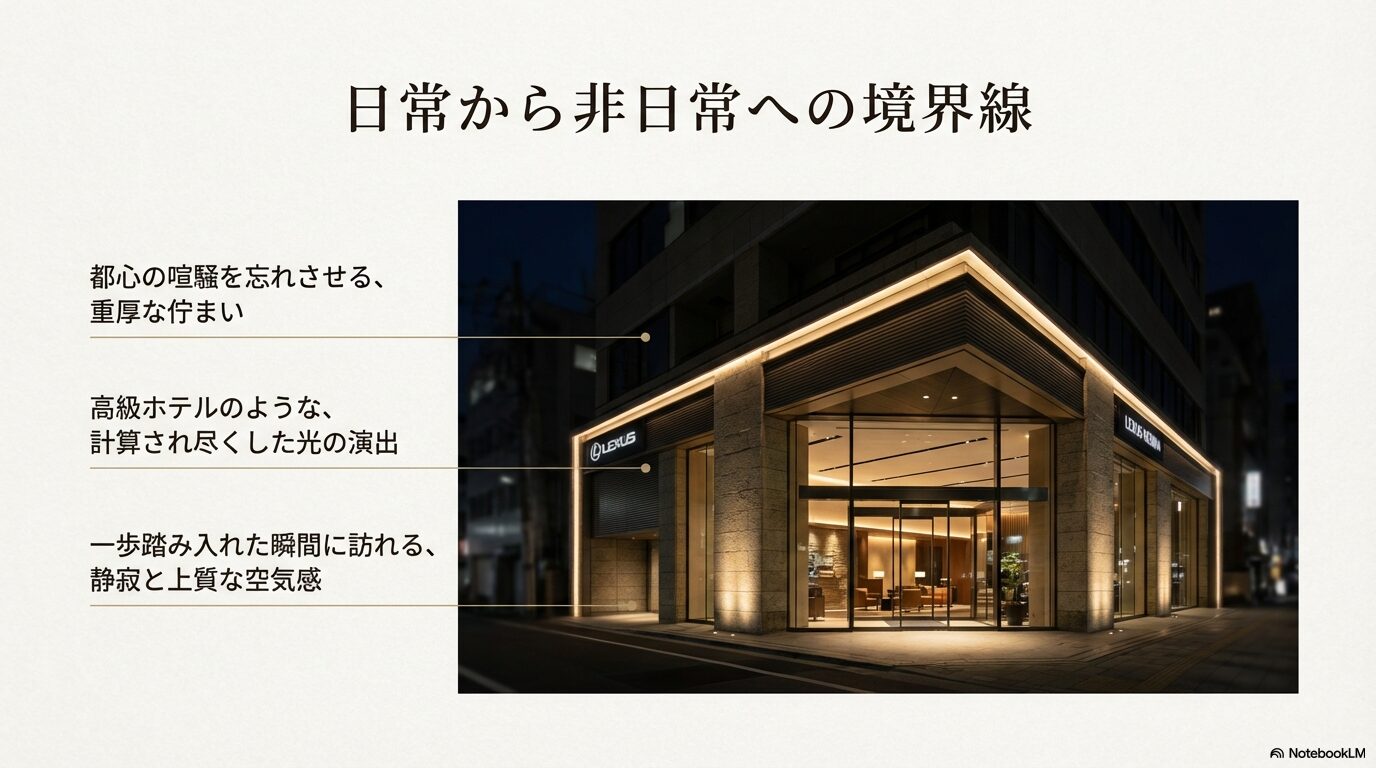 レクサス練馬の外観と美しい夜間ライティング