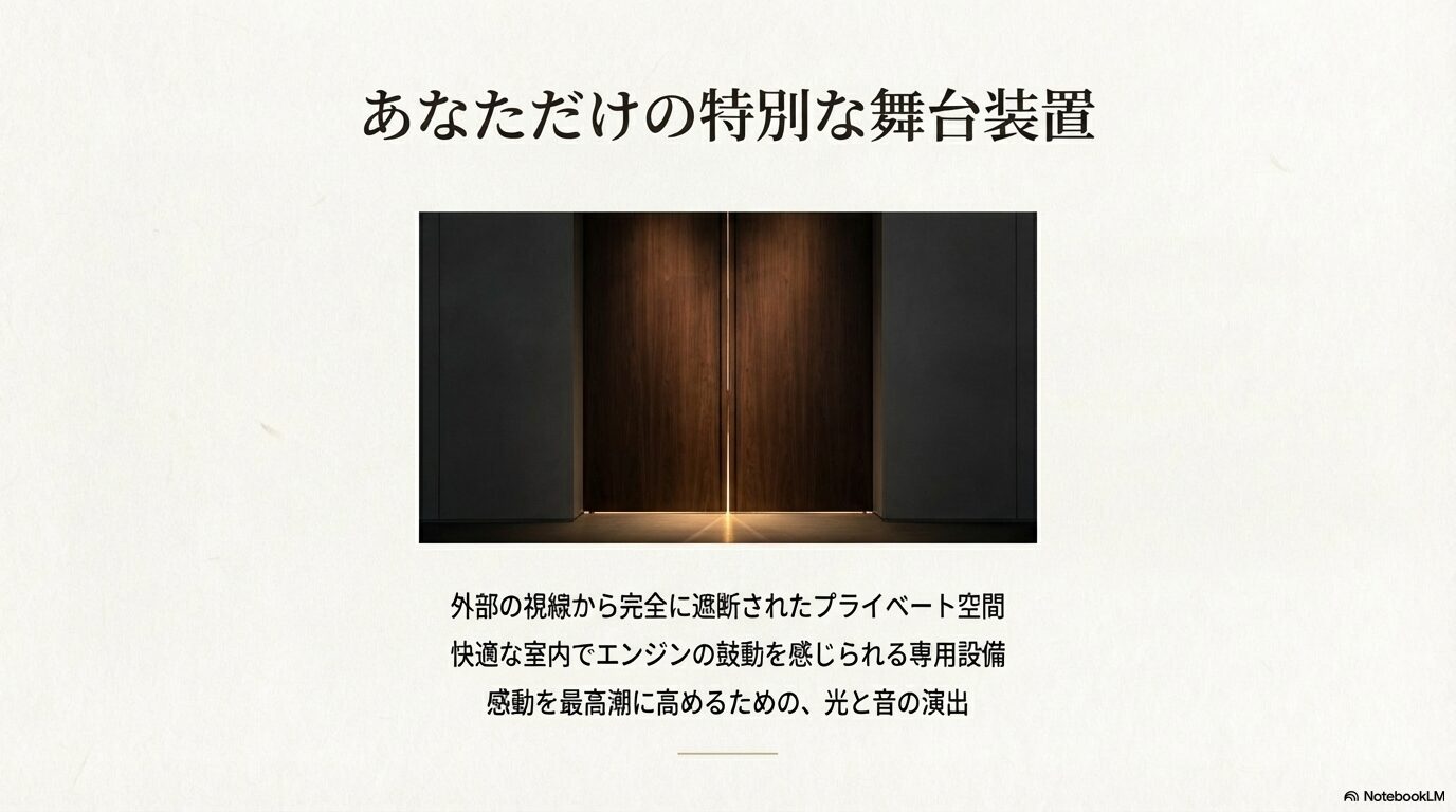 納車専用のプレゼンテーションルームの重厚な扉と光の演出