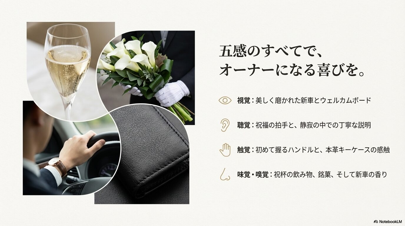 納車式で提供されるシャンパンと記念の花束・キーケース