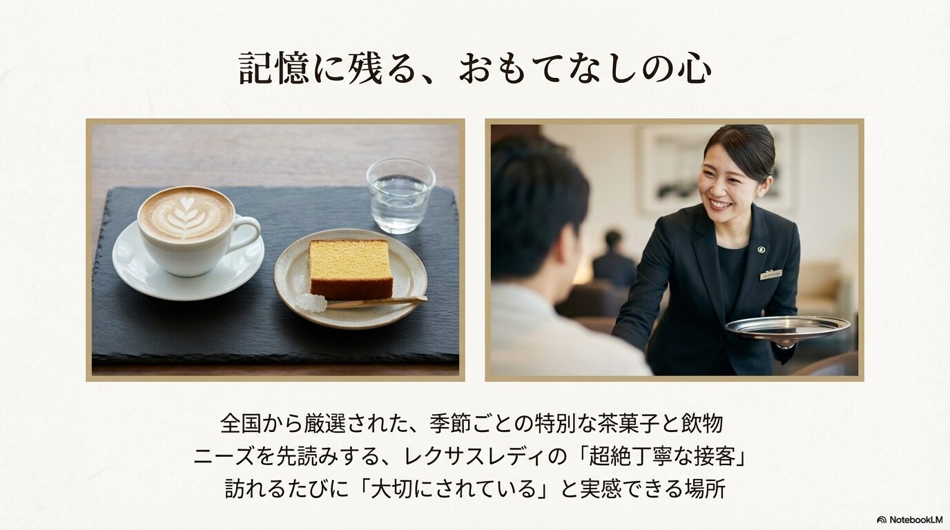 ラウンジで提供される季節の茶菓子とラテアート