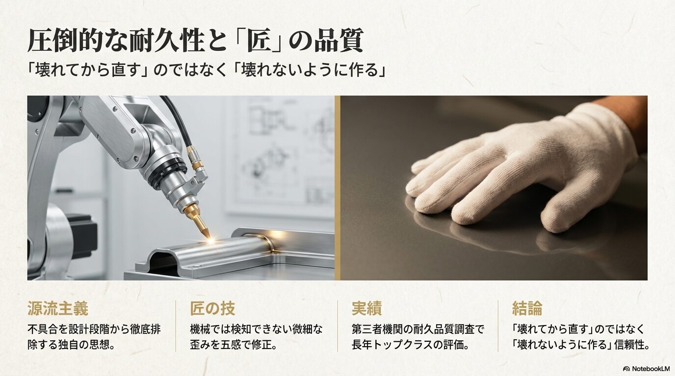 不具合を設計段階で排除する源流主義と、熟練の匠による品質管理を説明するスライド