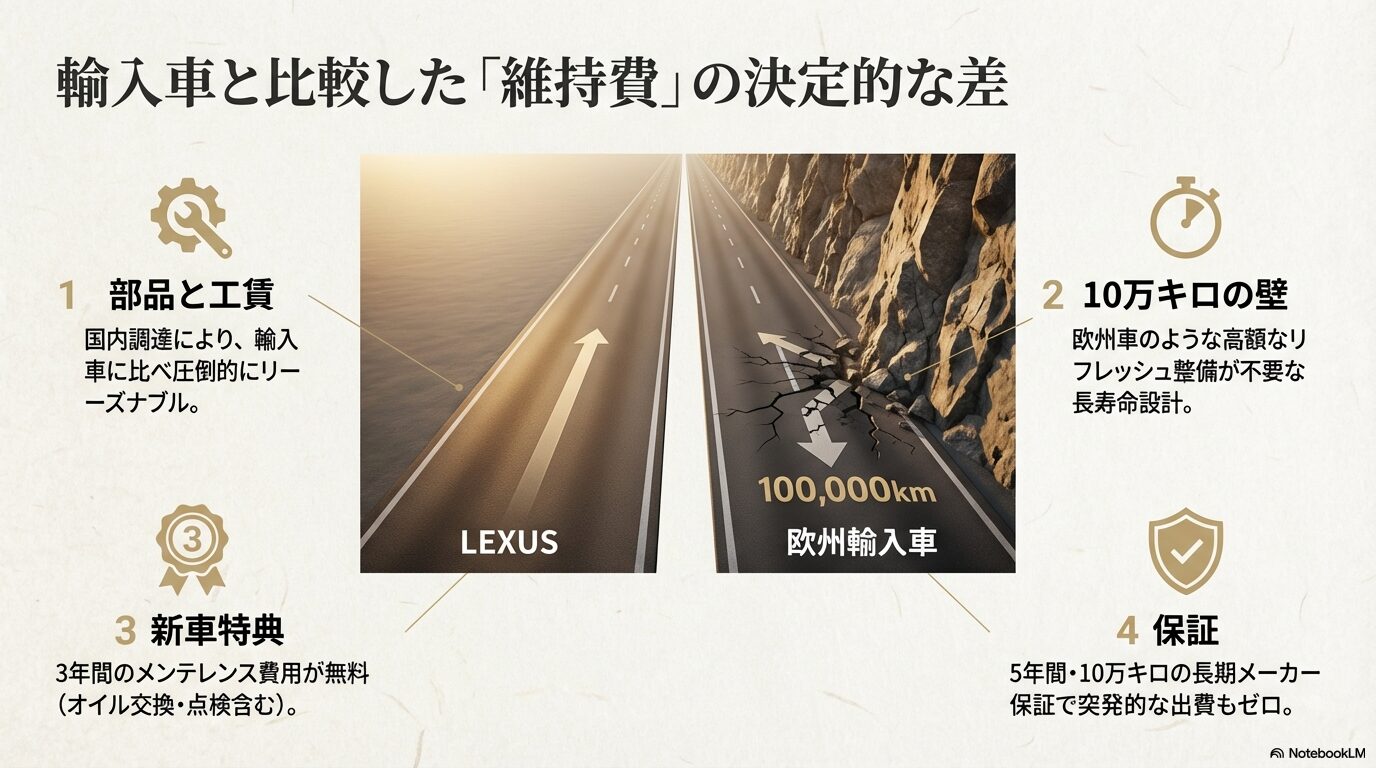 部品代、工賃、10万キロの壁、保証内容など、レクサスと輸入車のコスト面での違いを比較した図解スライド