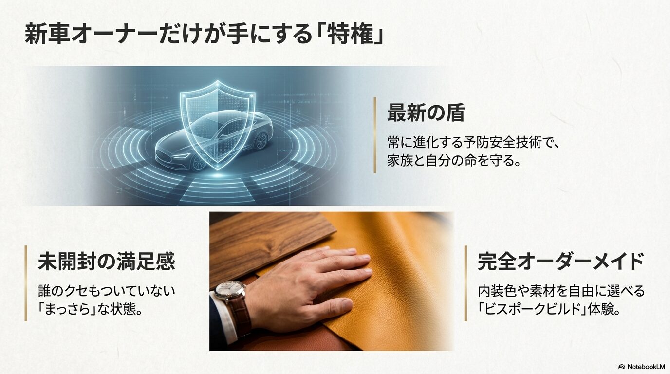オーナーズラウンジ、コンシェルジュデスク、最新の安全装備、カスタマイズ性など、新車オーナーだけの特権をまとめたスライド